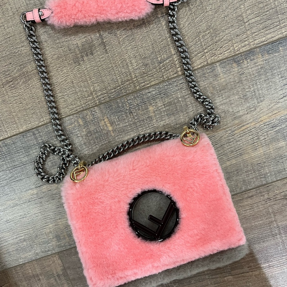 Fendi Shearling Shoulder Bag Pink Tortora Blue With Gold and Silver Hardware